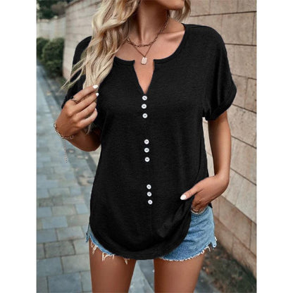 Cheky - V-neck Short Sleeve Tops Shirt Summer Button Design Blouse