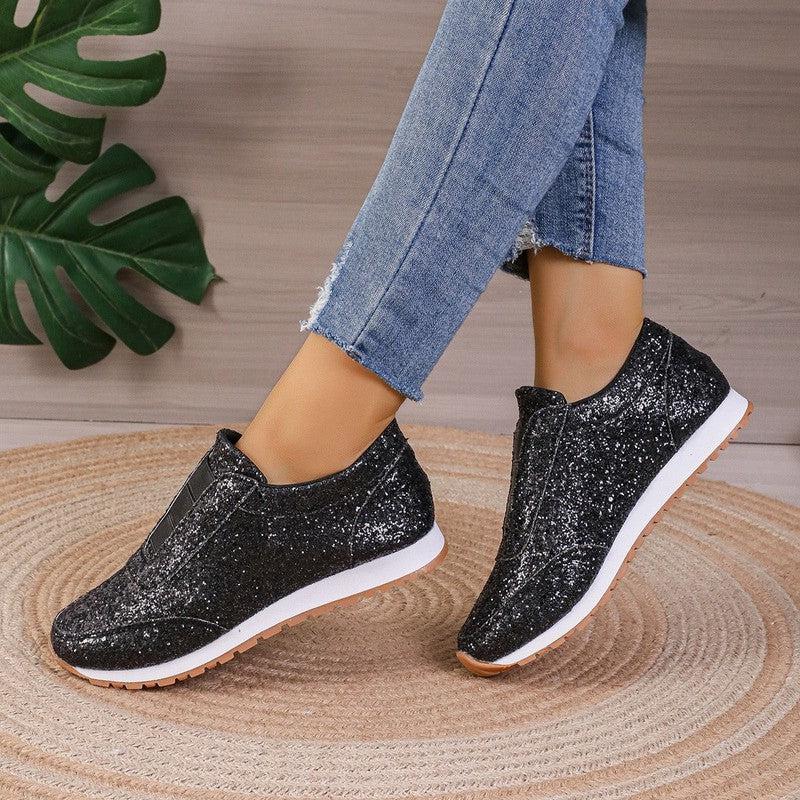 Cheky - Gold Sliver Sequined Flats New Fashion Casual Round Toe Slip-on Shoes Women Outdoor Casual Walking Running Shoes