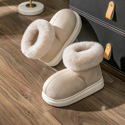 Cheky - Winter Thick-soled Cotton Shoes House Indoor Outwaer Plus Velvet Warm Snow Boots With Big Fur Cut Plush Ankle Boots For Women