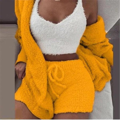 Cheky - Winter Sexy Women Home Wear Suit Casual Pajamas Set Lady Female Soft Warm Long Sleeve Exposed Navel Vest Shorts Set