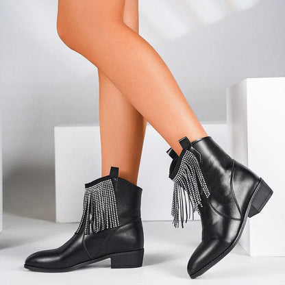 Cheky - Tassel Rhinestone Short Boots Women's Mid Heel Thick Heel