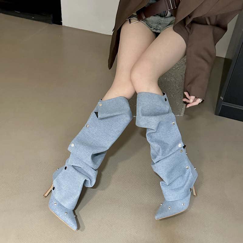 Cheky - Rivet Buckle Stitching Two-way Stiletto Heel Denim Pleated Pile Style Boots