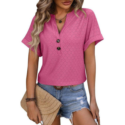 Cheky - New Hollow Circle Design T-shirt V-neck Button Solid Color Short-sleeved T-shirt Tops For Womens Clothing