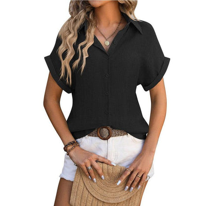 Cheky - Lapel Button Short Sleeve Top Summer Casual Loose Pleated Shirt For Womens Clothing