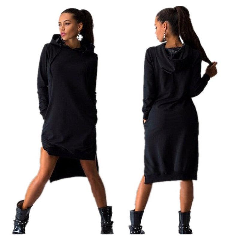 Cheky - Irregular Hooded Long Sleeve Dress Sweatshirt