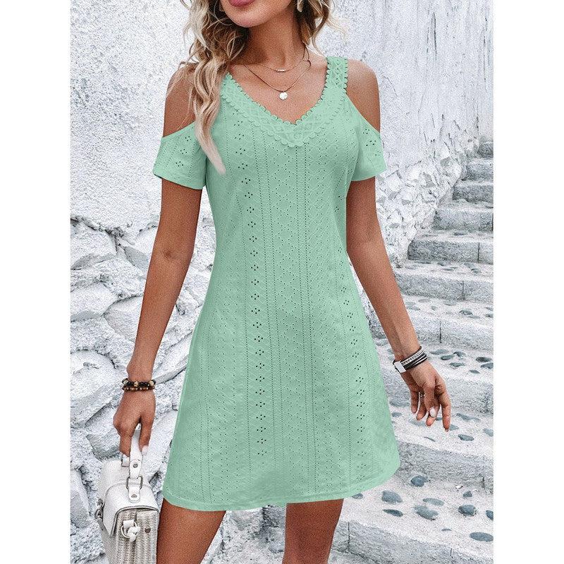 Cheky - New Off-shoulder Short-sleeved Dress Fashion Summer Slimming A-line Dresses Casual Holiday Beach Dress For Womens Clothing