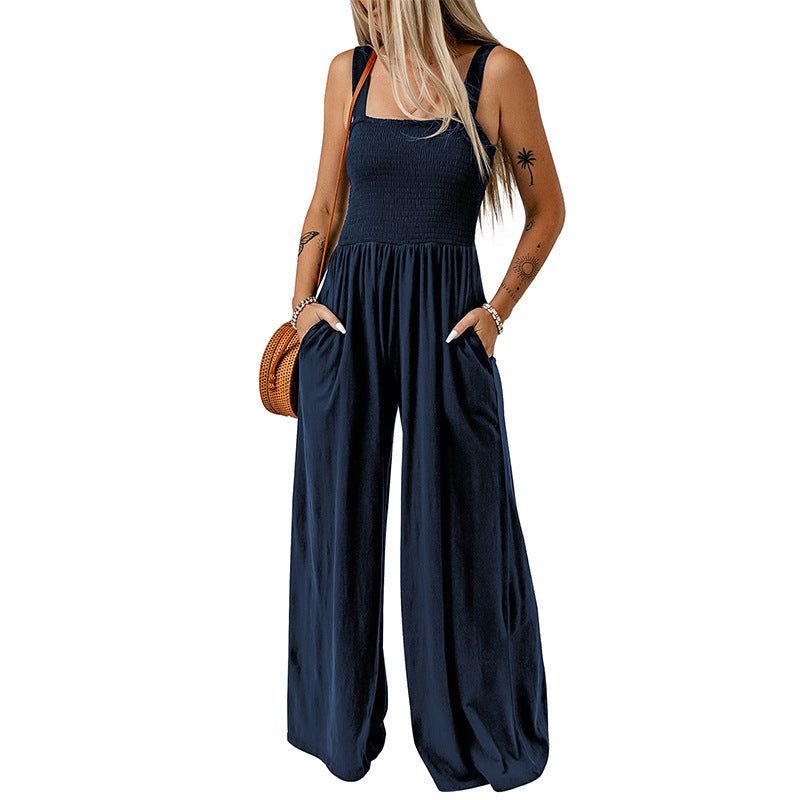 Cheky - Summer Square Neck High Waist Jumpsuit Women's Backless Pleated Design Wide Leg Trousers Clothing