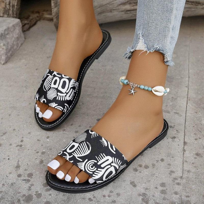 Cheky - New Fashion Graffiti Print Sandals For Women Summer Round Toe Low Heel Flat Slippers For Women Slides Casual Beach Shoes