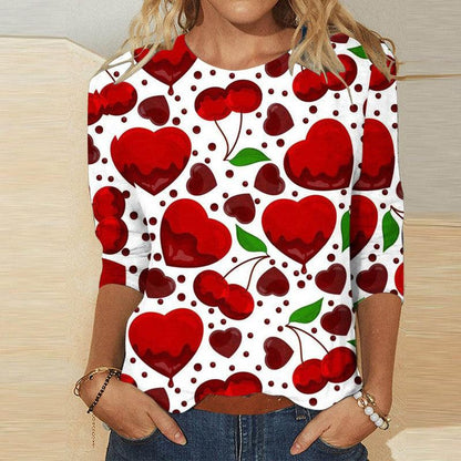 Cheky - Valentine's Day Female With Hearts Printing Crew Neck T-shirt Top