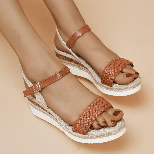 Cheky - Summer Thick-soled Braided Design Sandals New Fashion Casual Linen Buckle Wedges Shoes For Women