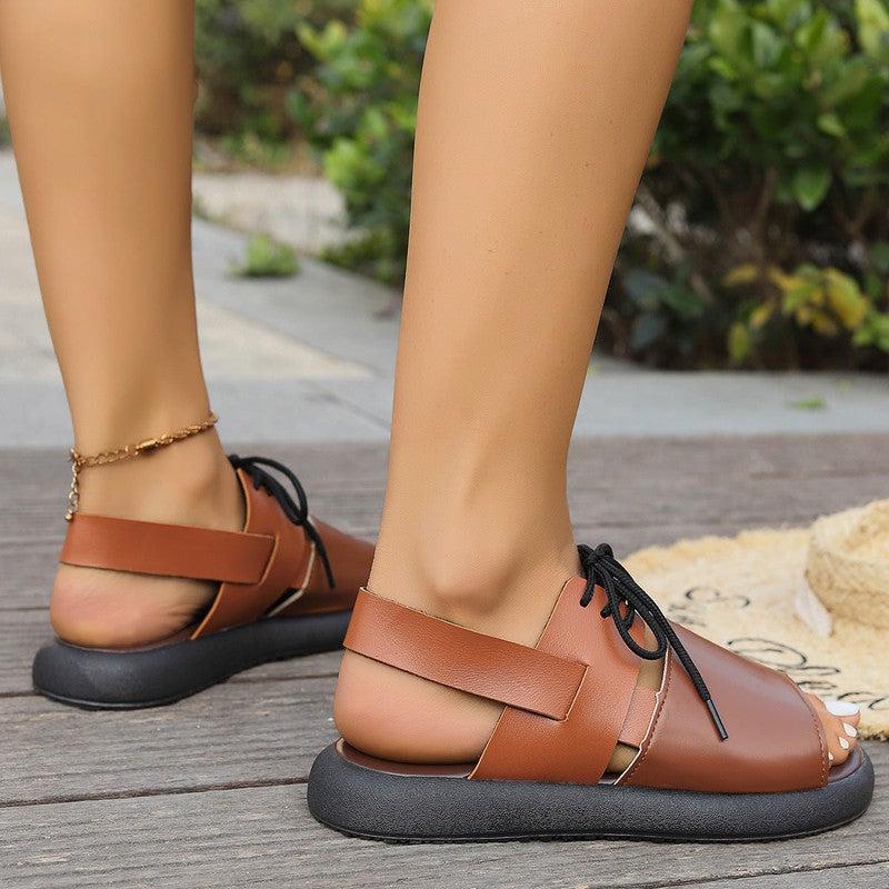 Cheky - Color-block Lace-up Roman Sandals For Women Summer New Fashion Flat Fish Mouth Beach Shoes