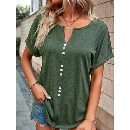 Cheky - V-neck Short Sleeve Tops Shirt Summer Button Design Blouse