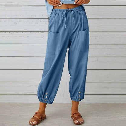 Cheky - Women Drawstring Tie Pants Spring Summer Cotton And Linen Trousers With Pockets Button