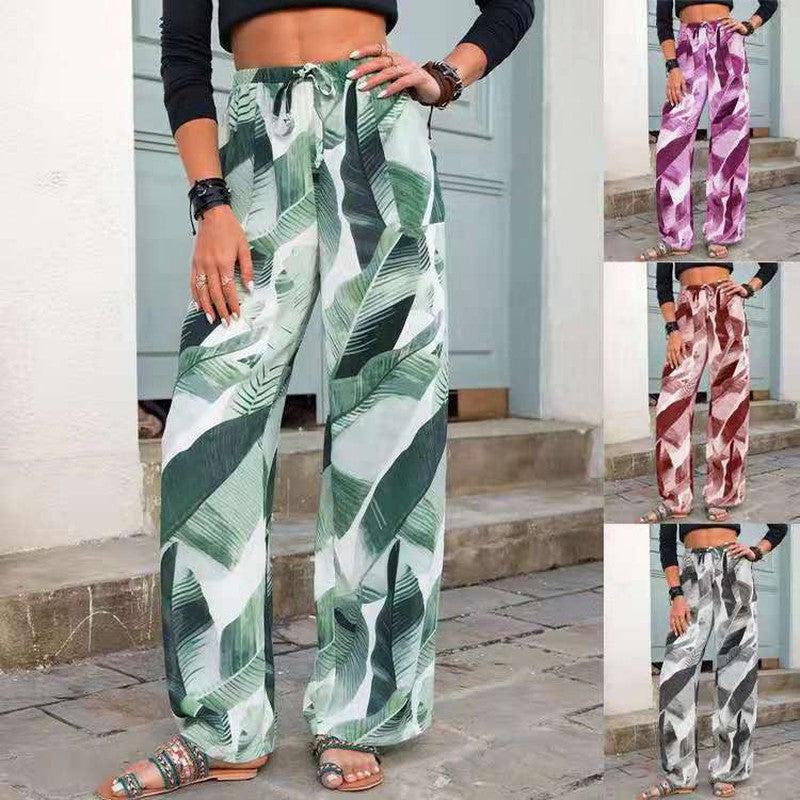 Cheky - Fashion Drawstring Leaf Print Beach Pants Summer Casual Loose Wide Leg Straight Trousers Womens Clothing