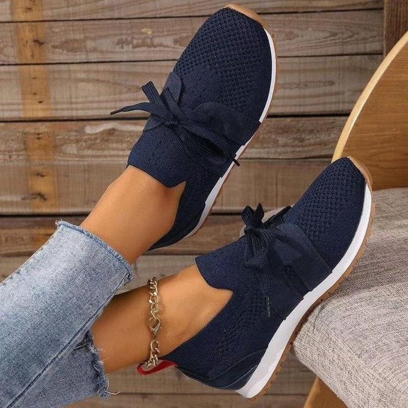 Cheky - New Lace Up Mesh Flats Shoes For Women Breathable Casual Breathable Walking Wedges Shoes