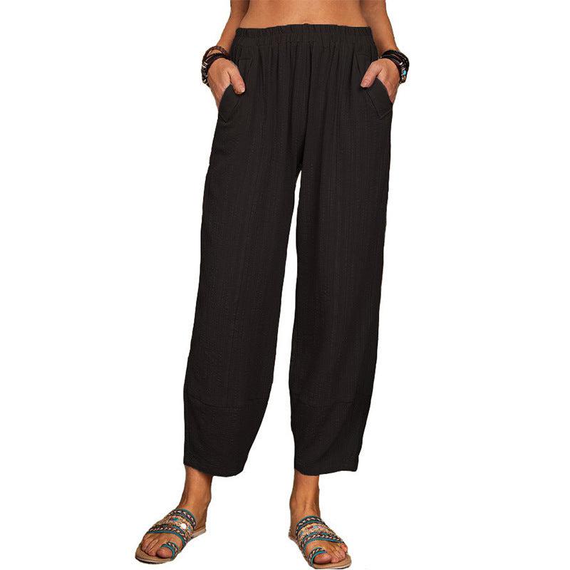 Cheky - Women's Solid Color Loose Cotton And Linen Casual Pants Home