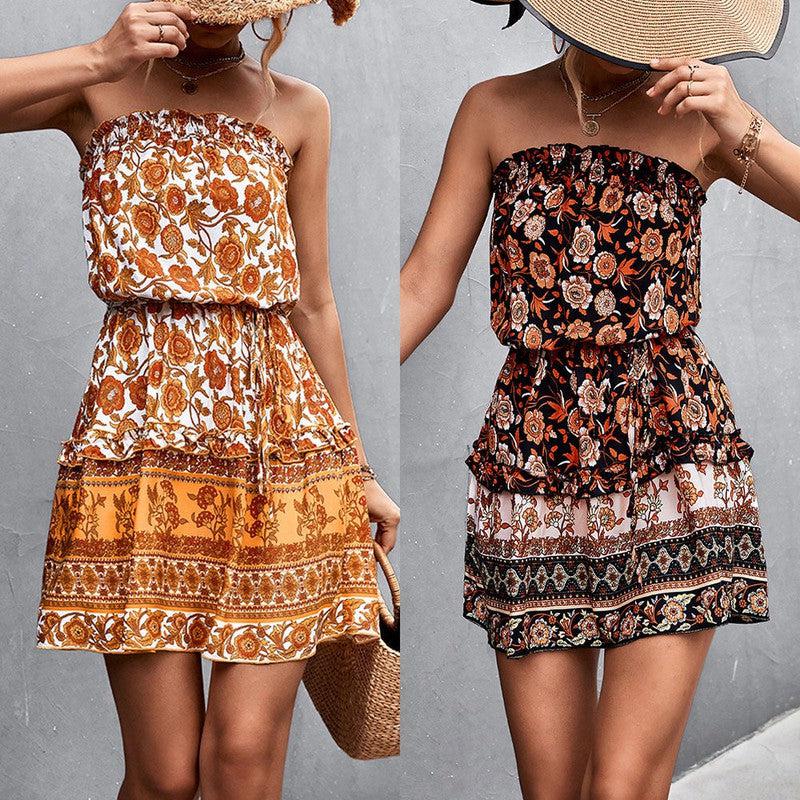 Cheky - Women's Bohemian Floral Print Strapless Dress Summer Beach Dress