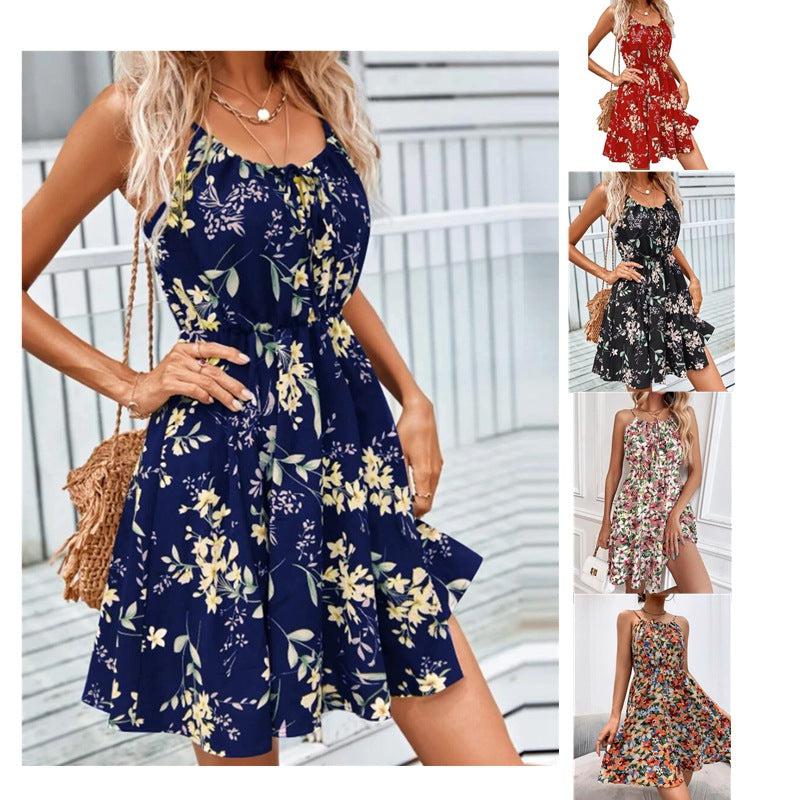 Cheky - Floral Print Suspender Dress With Elastic Waist Design Fashion Summer Short Dresses Womens Clothing