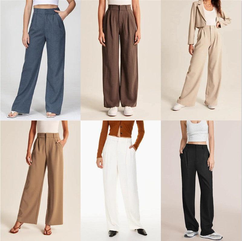 Cheky - High Waist Straight Trousers With Pockets Wide Leg Casual Suit Pants For Women