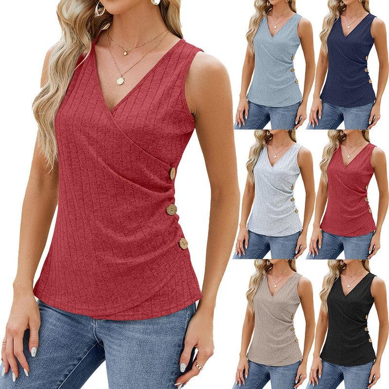 Cheky - Fashion Vest With Button Design New Sleeveless V-neck T-shirt Solid Color Tank Tops Summer Women's Clothing