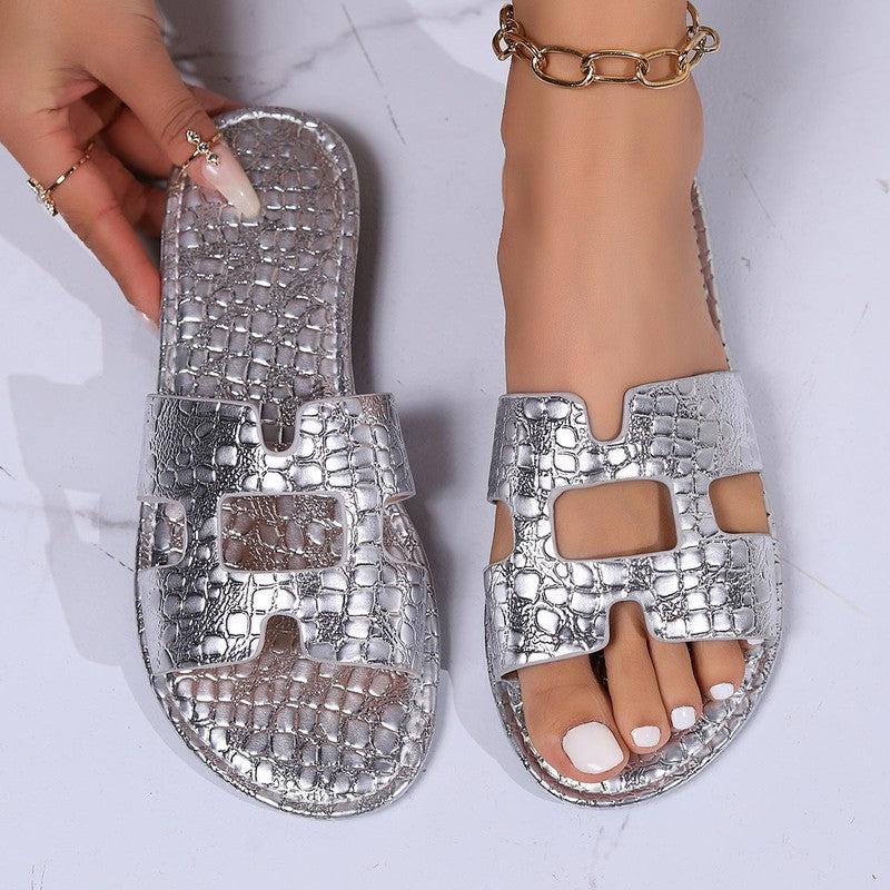 Cheky - Fashion Pattern Sandals Summer Solid Color Flat Slides Slippers Casual Vacation Beach Shoes