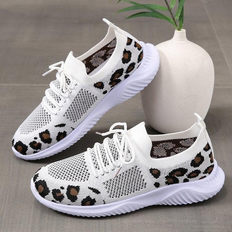 Cheky - White Shoes Women Leopard Print Lace-up Sneakers Sports