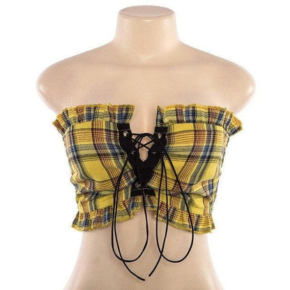 Cheky - Plaid Ruffle Lace Up Tank Top Sexy Bohemian Fitness Yellow Crop Top Off Shoulder Backless Vintage Short Tops