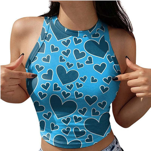 Cheky - European And American Spring And Summer Print Round Neck Sleeveless Casual Vest Crop Top Women's Ins