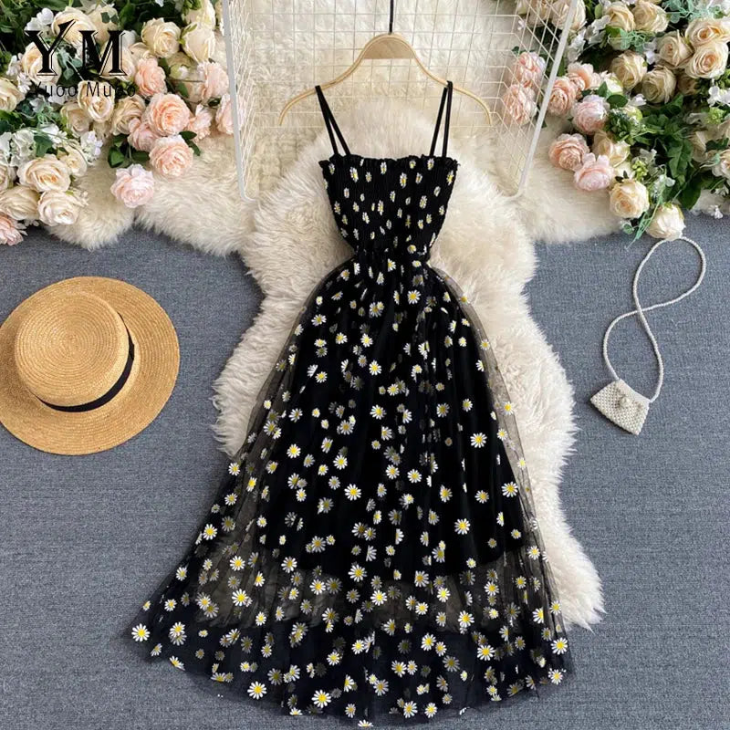 Cheky - YuooMuoo Korean Fashion Daisy Flower Print Mesh Party Dress Summer Two Layers Spaghetti Strap Vacation Midi Dress Beach Vestidos