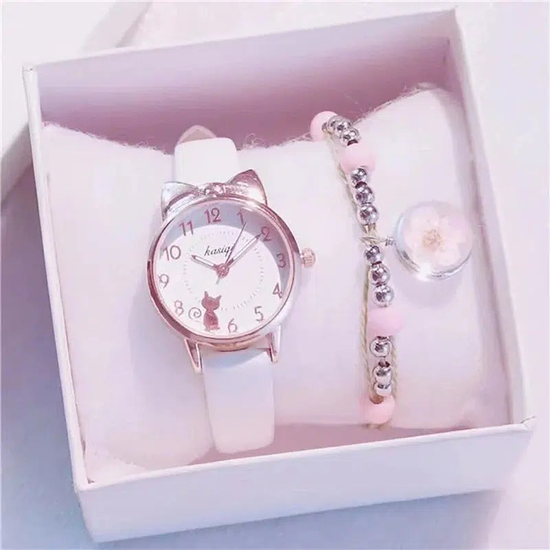 Cheky - New Girl Quartz Watch Student Children Wristwatch Cat Ears Face Gifts for Kids Girl ulzzang Style With Box Clock Beaded bracelet