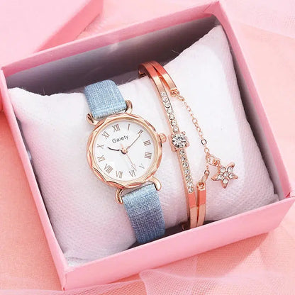 Cheky - Gaiety Brand 2pcs Set Casual Watch For Women Rhinestone Bracelet Watch Leather Ladies Wrist Clock Simple Dress Gfit Montre Femme