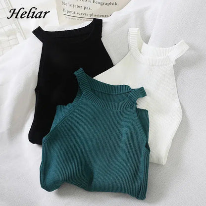 Cheky - HELIAR Tops Women Crop Tops Off Shoulder Stretchy Knitted Tank Tops Female Sleveless Halter Casual Tank Crop Top For Women