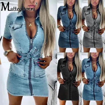 Cheky - Denim Dress Zipper Casual V Nec