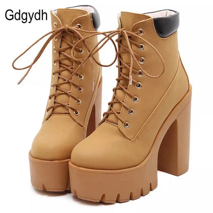 Cheky - Gdgydh Fashion Spring Autumn Platform Ankle Boots Women Lace Up Thick Heel Platform Boots Women's Chunky Heeled Short Boots