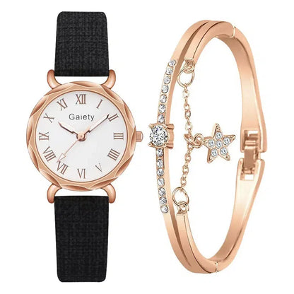 Cheky - Gaiety Brand 2pcs Set Casual Watch For Women Rhinestone Bracelet Watch Leather Ladies Wrist Clock Simple Dress Gfit Montre Femme