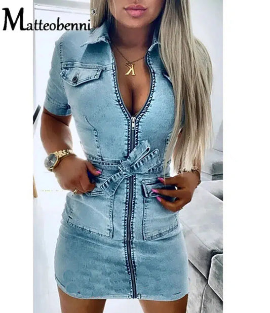 Cheky - Denim Dress Zipper Casual V Nec