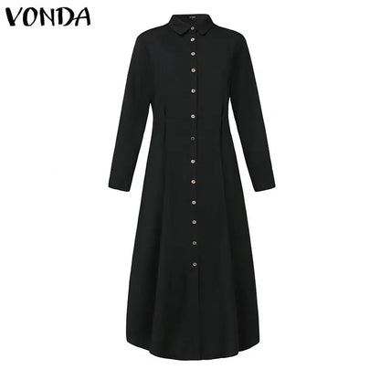 Cheky - VONDA Long Dress Casual Women Summer Long Sleeve Party Robe Split Shirt Vestido Buttons Vintage Street Solid Loose Sundress