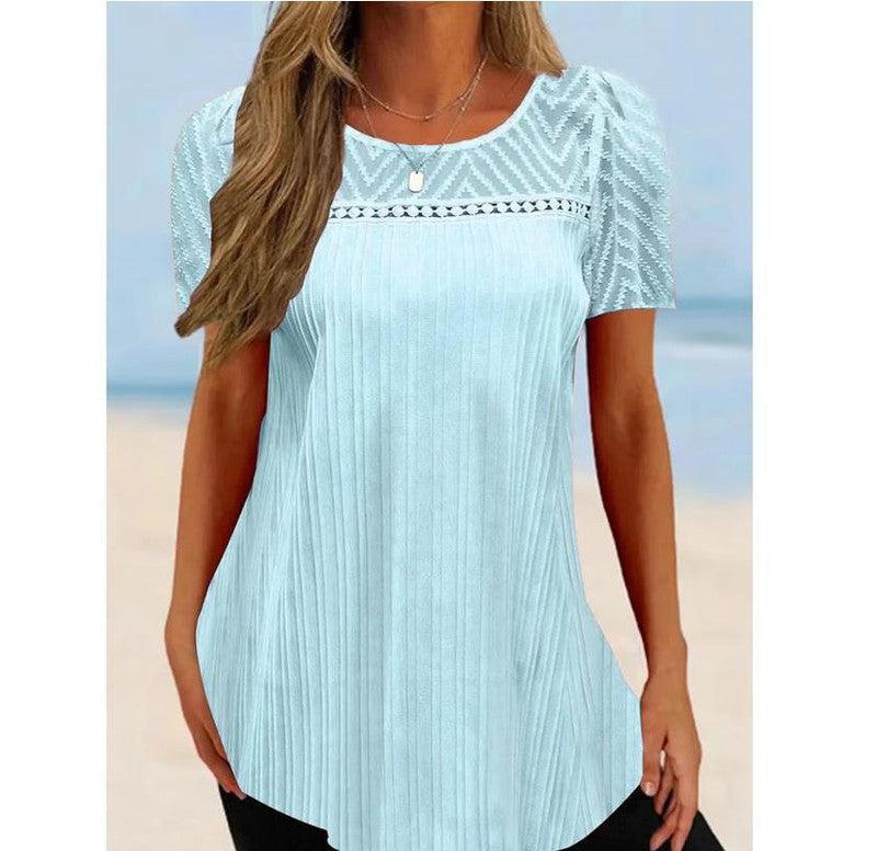 Cheky - Pullover Round Neck Lace Patchwork Short-sleeved T-shirt Women