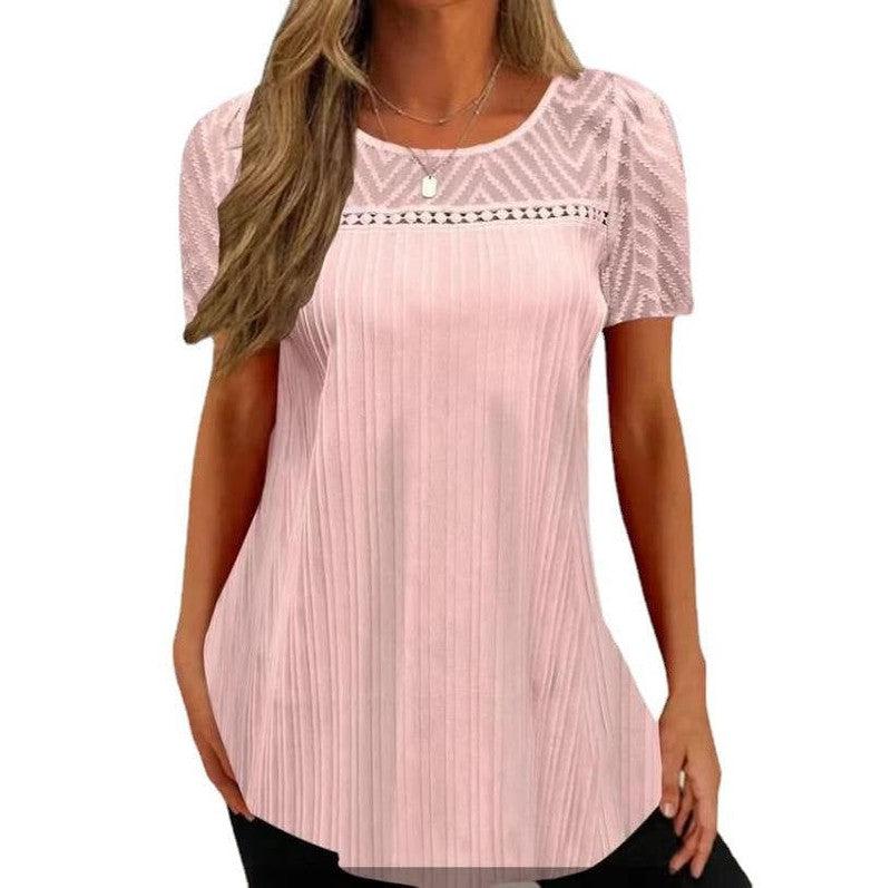 Cheky - Pullover Round Neck Lace Patchwork Short-sleeved T-shirt Women