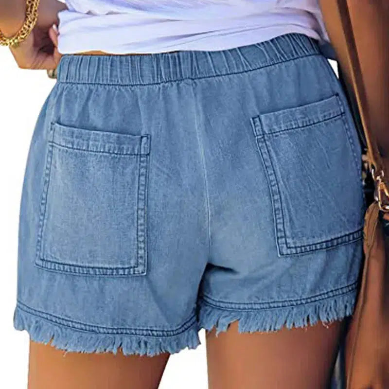 Cheky - Casual Drawstring Elastic Waist Frayed Hem Loose Short Jeans