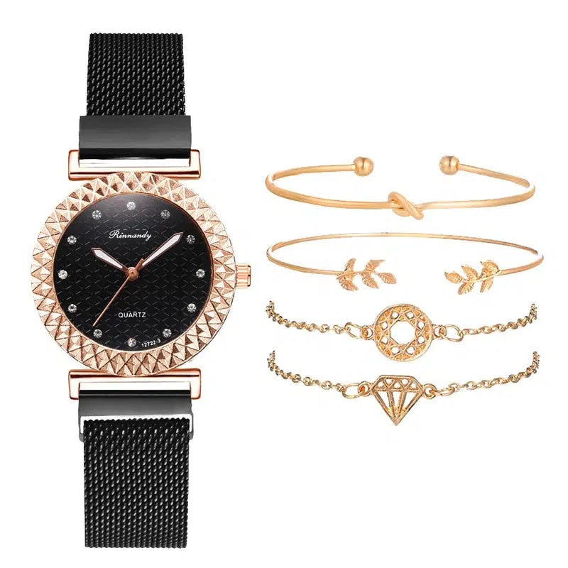 Cheky - 5PCS Women Watch Set Luxury Rose Gold Dress Quartz Watch Bracelet Ladies Sports Wrist Watch Clock Gift Women Relogio Feminino