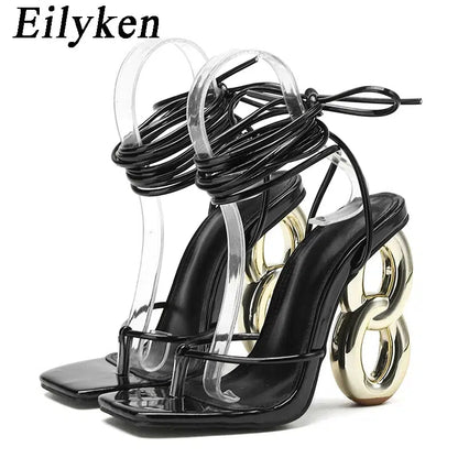 Cheky - Eilyken Sexy Ankle Cross Strap Sandals Women Summer Banquet Fashion Open Toe Club Stripper Design Fretwork Heels Ladies Shoes