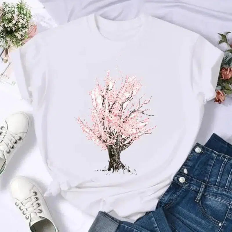 Cheky - Short Sleeve Butterfly Bow Sweet Flower Fashion Summer Women Print T Shirt Female Casual Top Tshirts Cartoon Graphic Tee T-Shirt