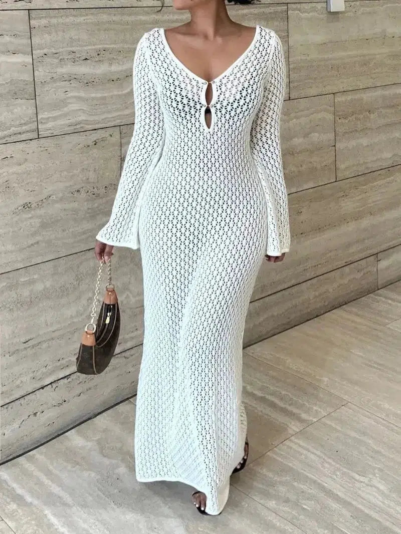 Cheky - Tossy White Knit Fashion Cover up Maxi Dress Female See-Through V-Neck Hollow Out Beach Holiday Dress Knitwear Backless Dress