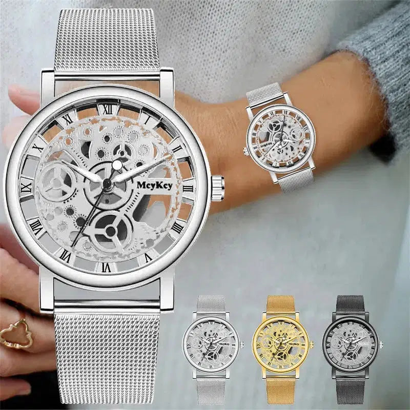 Cheky - New Fashion Top Women Hollow Skeleton Faux Mechanical Watch Ladies Metal Mesh Quartz Wrist Watches For Female Relogio Feminino