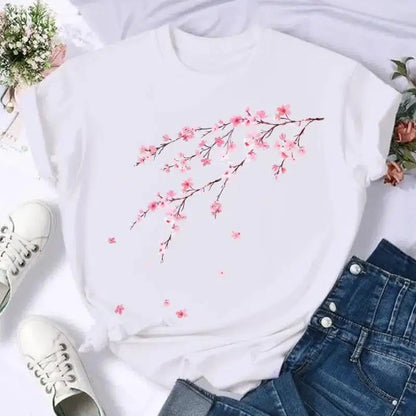 Cheky - Short Sleeve Butterfly Bow Sweet Flower Fashion Summer Women Print T Shirt Female Casual Top Tshirts Cartoon Graphic Tee T-Shirt