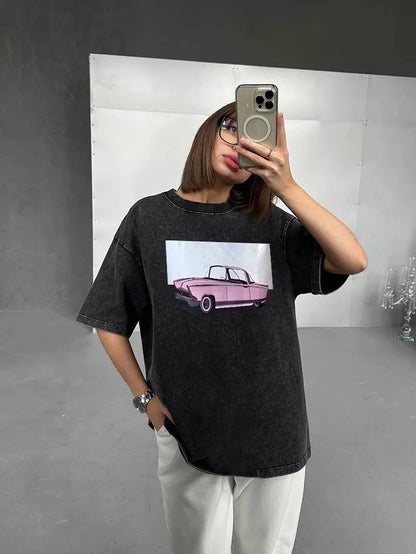 Cheky - Hirsionsan Acid Washed T Shirt Women Vintage Cotton T-shirts Streetwear Soft Mineral Tees Girl Loose Luxury Brand Tops Y2k