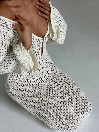 Cheky - Sexy Women White Long Knit Sleeve Bikin Fashion Cover up Female See-Through Deep V-Neck Hollow-Out Beach Knitwear Backless Dress