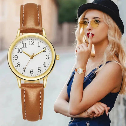 Cheky - Japan Movement Women Quartz Watch Easy to Read Arabic Numerals Simple Dial PU Leather Strap Lady Candy Color