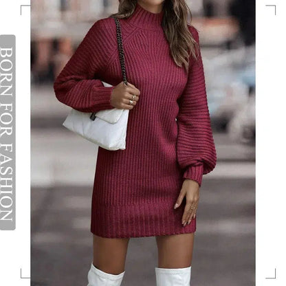 Cheky - Vintage Winter Knitted Dress Ladies Chic Turtleneck Lantern Long Sleeve Mini Sweater Dresses for Women New Arrival Clothes